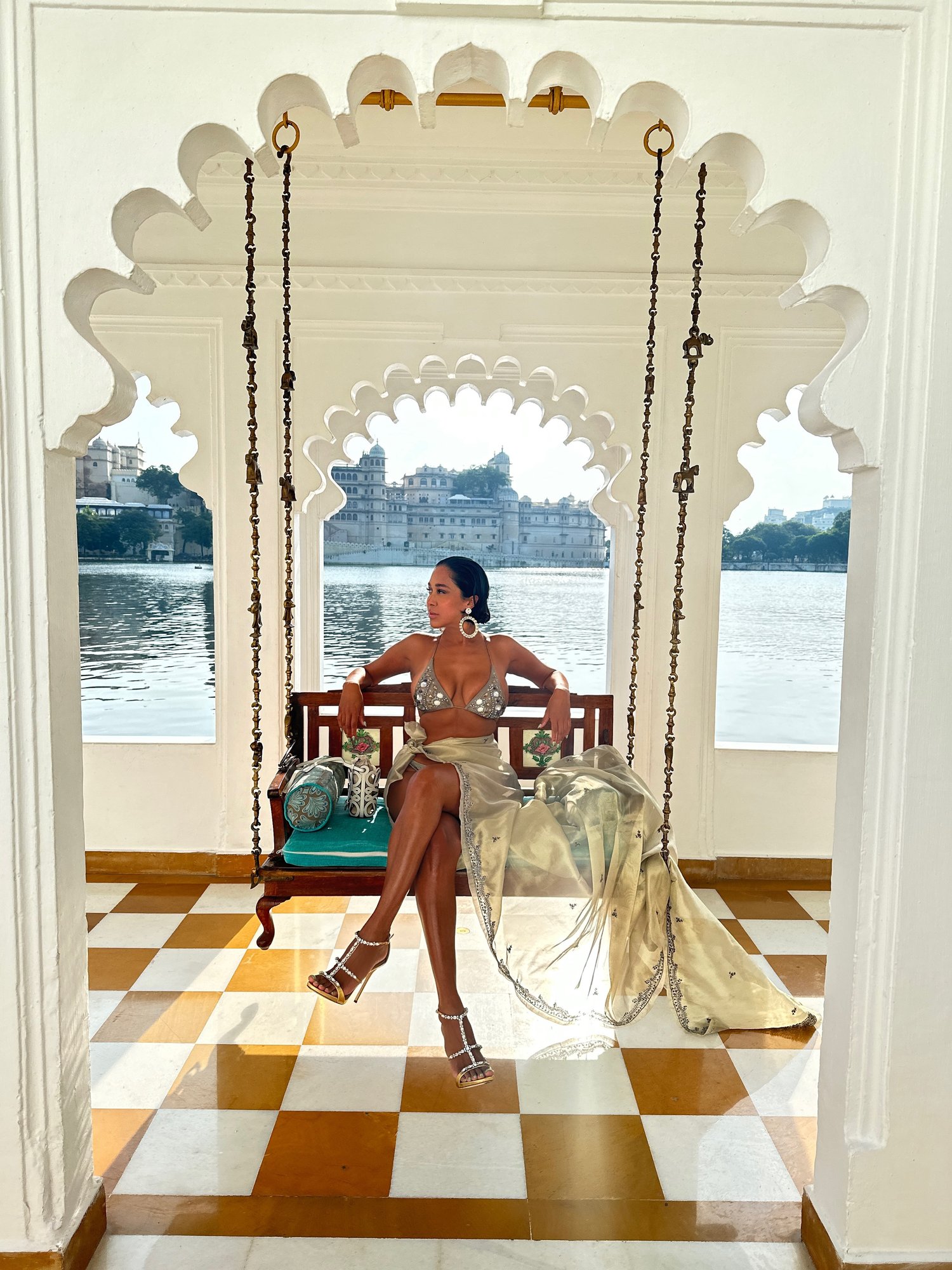 Image of SAGE GREEN SHIMMER LEHNGA WITH SEQUINS (M/L) 