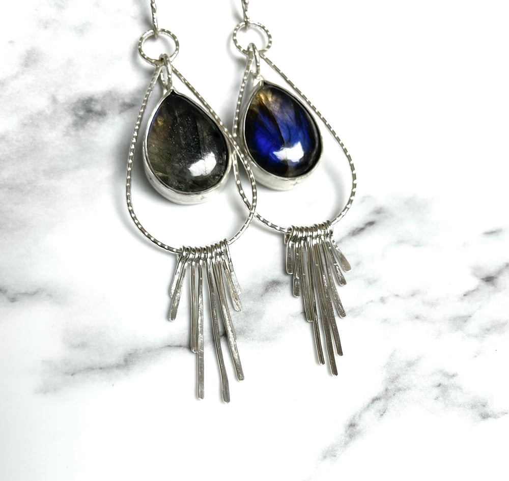 Handmade Sterling Silver Dangly Tassel Blue Labradorite Earrings 925