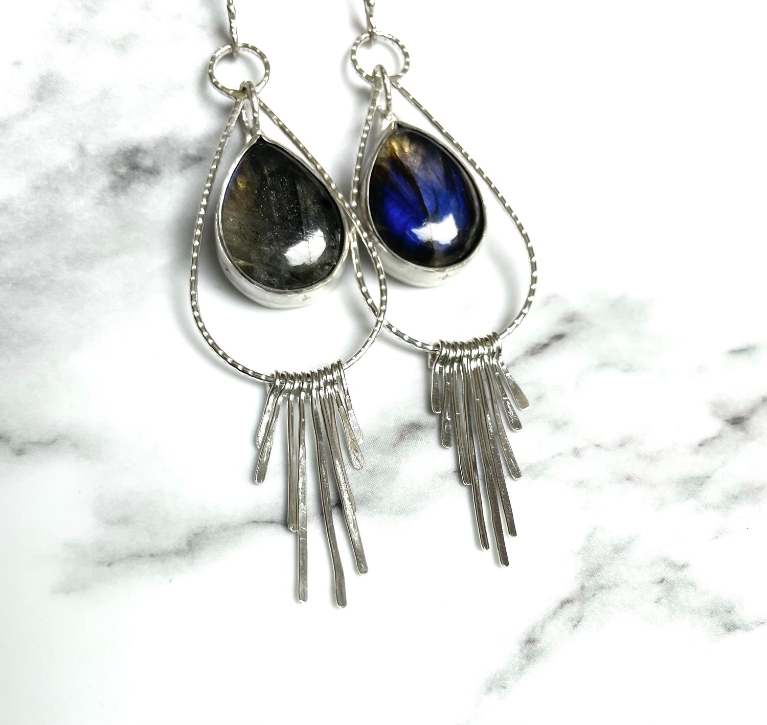 Image of Handmade Sterling Silver Dangly Tassel Blue Labradorite Earrings 925