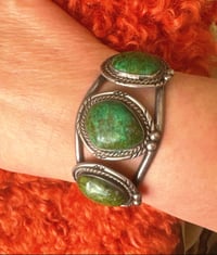 Image 2 of OLD PAWN Vintage Navajo 3 GREEN Boulder Turquoise Sterling Silver CUFF Bracelet