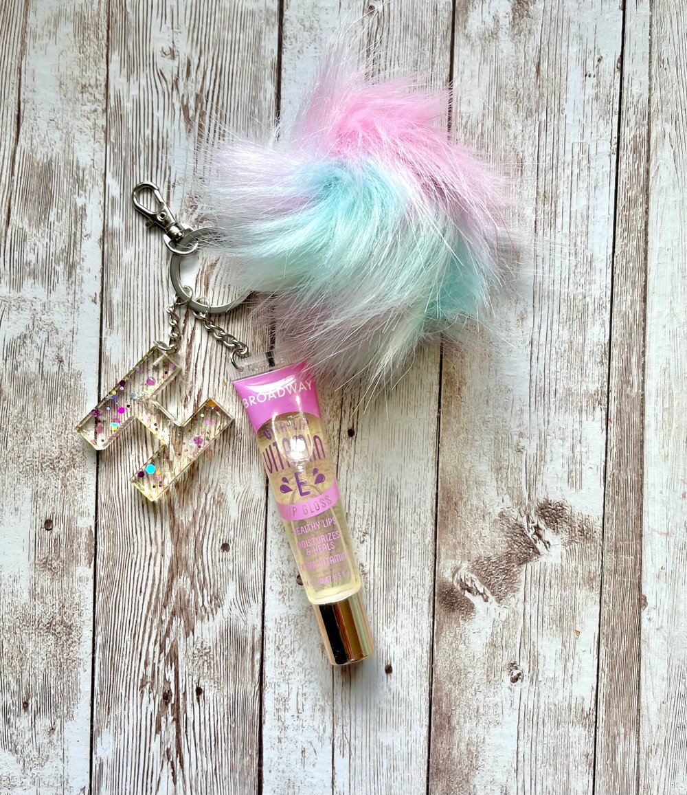 Initial Keychain With Broadway Lipgloss and PomPom