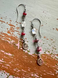 Image 9 of ruby and rainbow moonstone dangle earrings with sterling silver medallions
