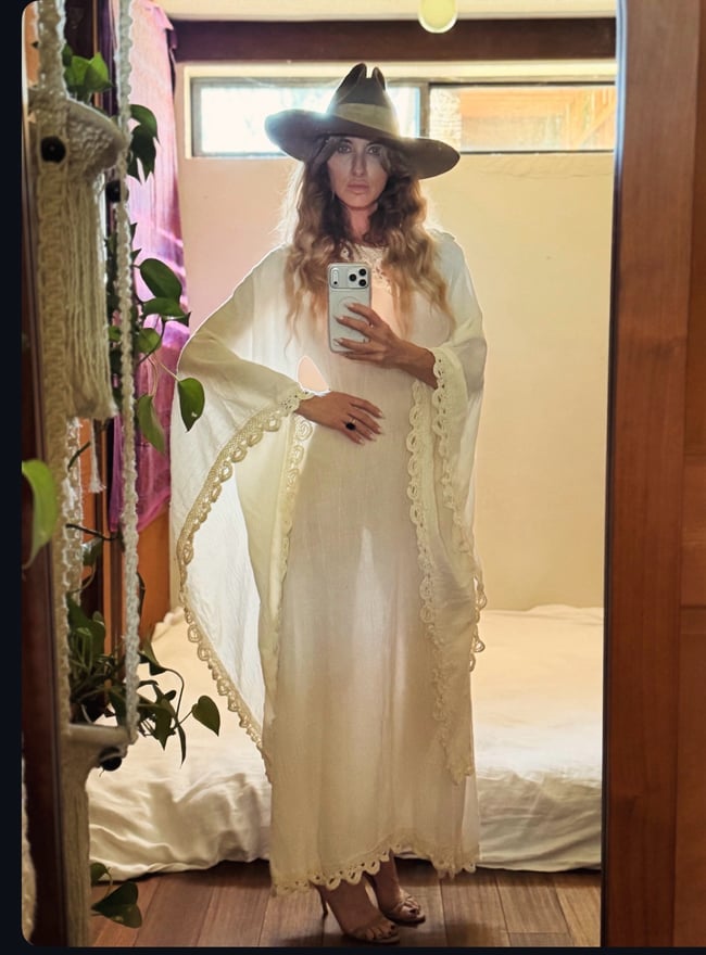 late 60s white gauze maxi dress with massive angel sleeves and crochet 