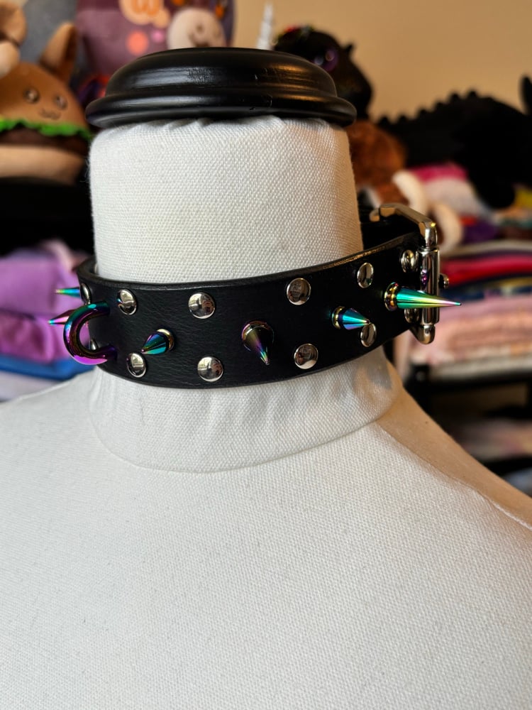 Image of Rainbow Spiked Black Leather Collar