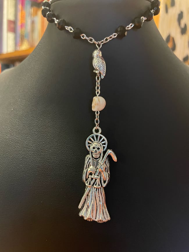 Santa Muerte Car Rosary - Black Faceted