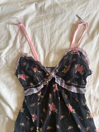 Image 2 of Vintage Y2K black floral mini dress with baby pink ruffle and under bust detail 