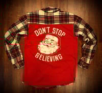 Upcycled “Don’t Stop Believing” t-shirt flannel
