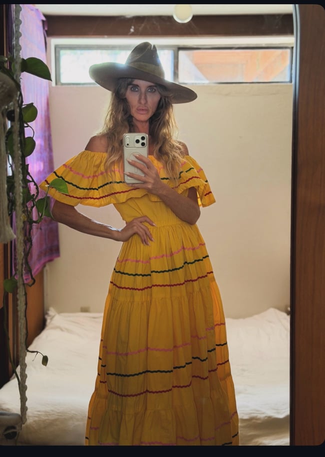 1960s marigold cotton fiesta bohemian dress off shoulder 