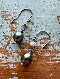 Image 3 of peacock pearl and boulder opal earrings