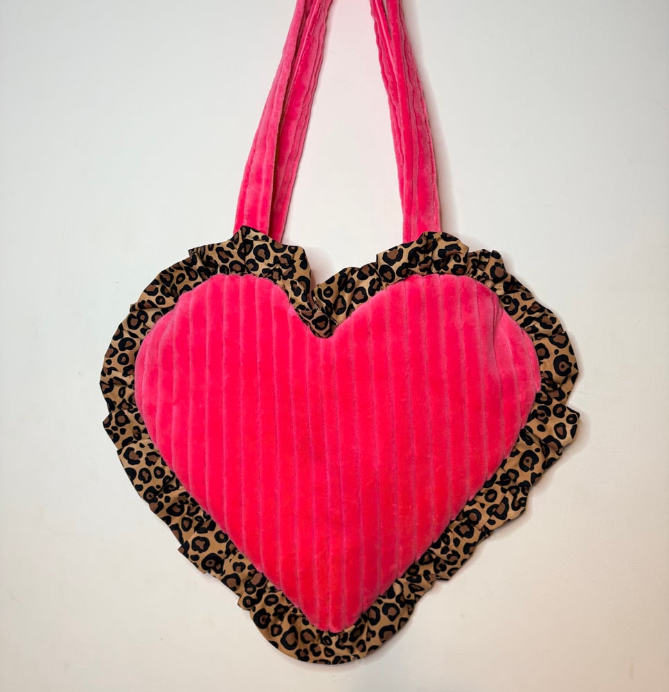 Image of Pink Leopard Faux Fur Heart Bag with Ruffle Trim