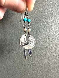 Image 3 of sterling silver crescent moon earrings with opals and turquoise