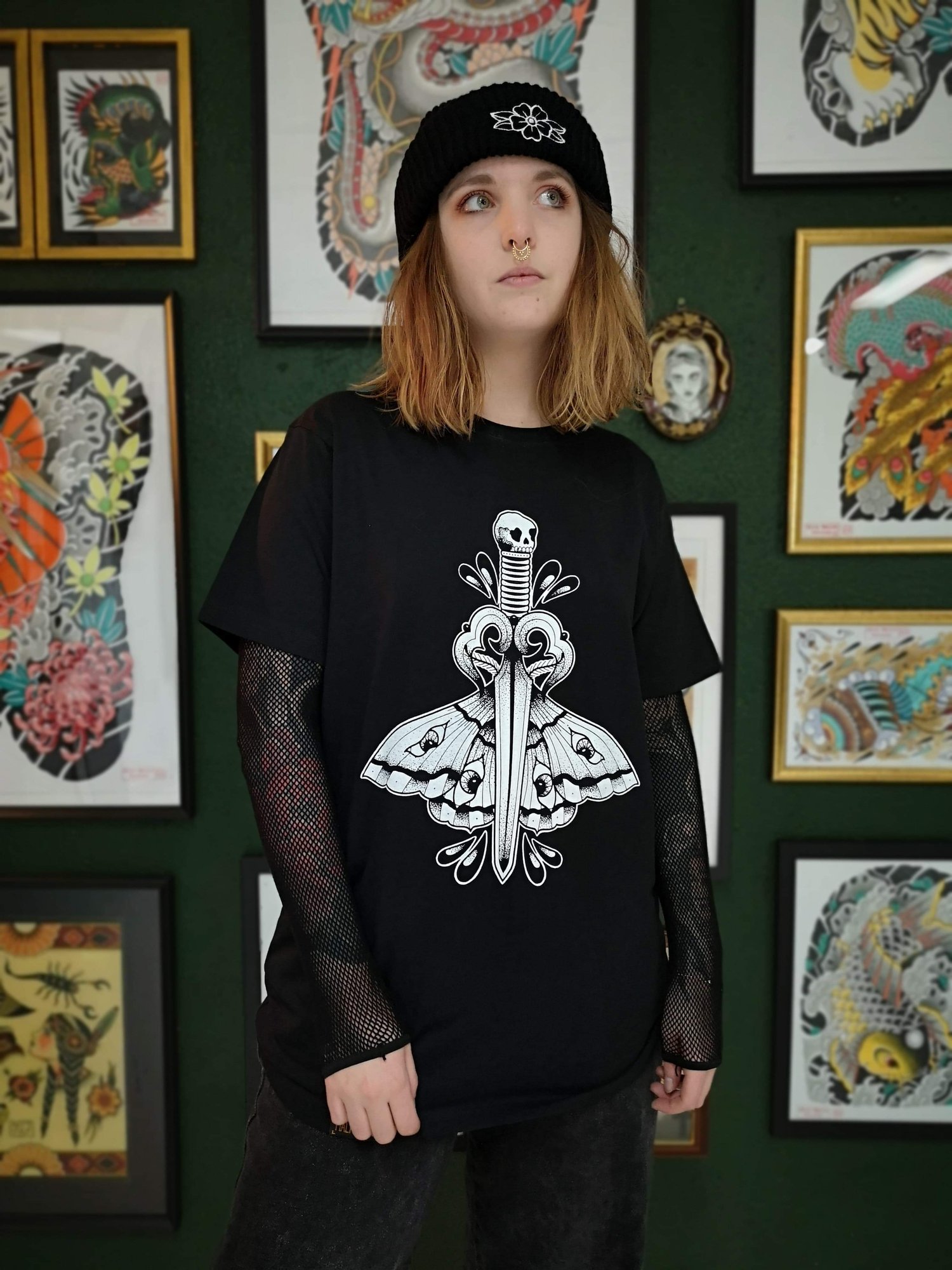 Black screen-printed T-shirt “Moth & Dagger”