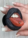PHONE GRIP - Black Shimmer Snakeskin Texture Lips With Silver Snake Bite Piercing