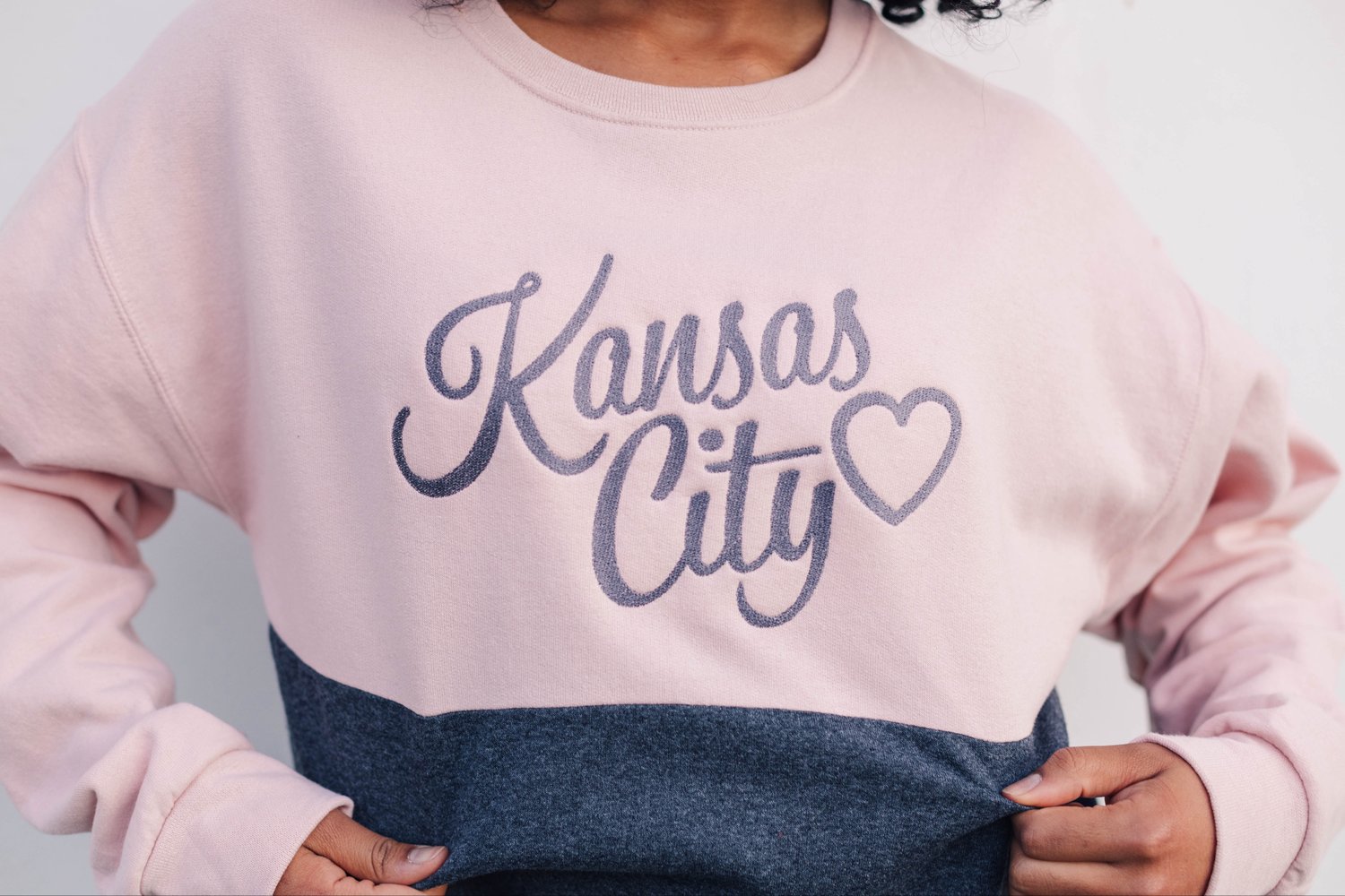 Image of LOVE, KANSAS CITY BLUSH/CHARCOAL COLORBLOCK CREWNECK 
