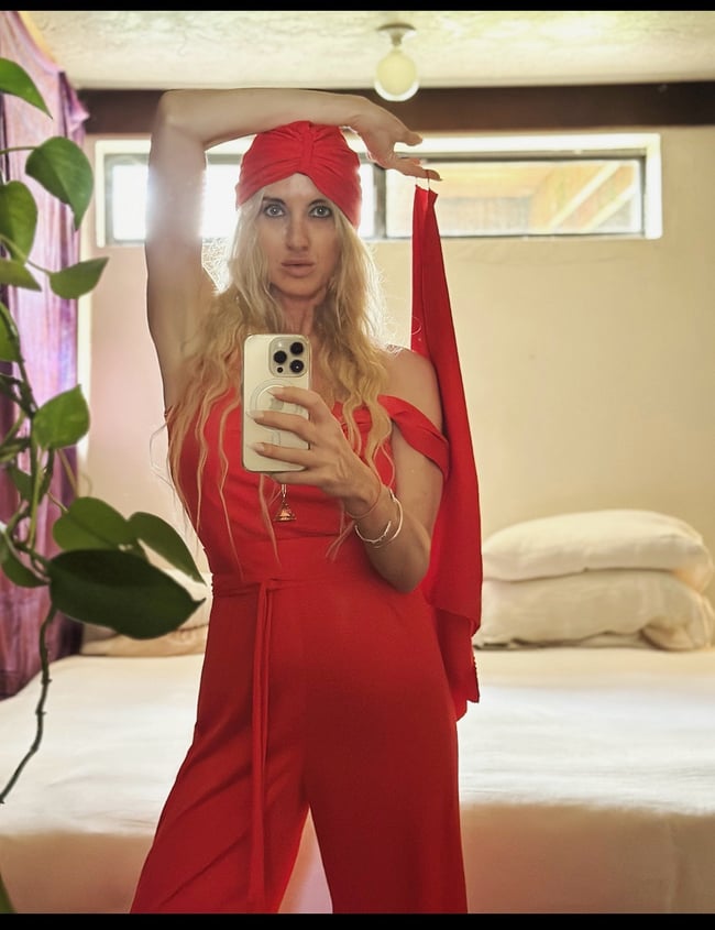 early 1970s deadstock cowl neck jumpsuit with belt, scarf and turban