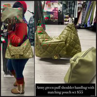 Image 1 of Army green puff shoulder handbag with matching pouch set