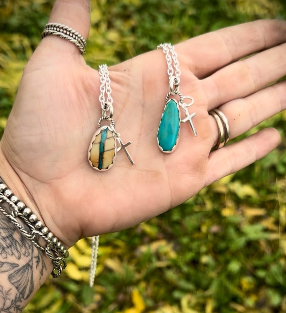 Image of Dainty Pilot Mountain & Cross Necklace