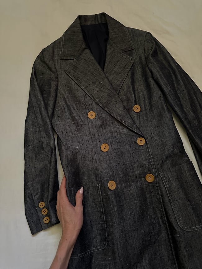 early 1970s denim maxi trench coat double breasted overcoat 