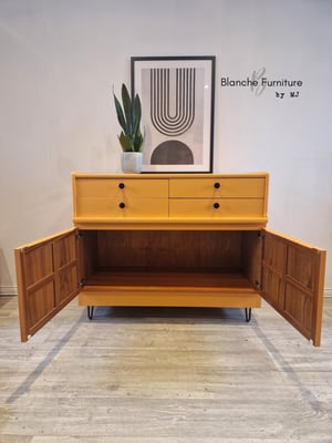 Image of Gorgeous Nathan Sideboard in a Marigold Orange on Black Hairpin legs with Matching handles