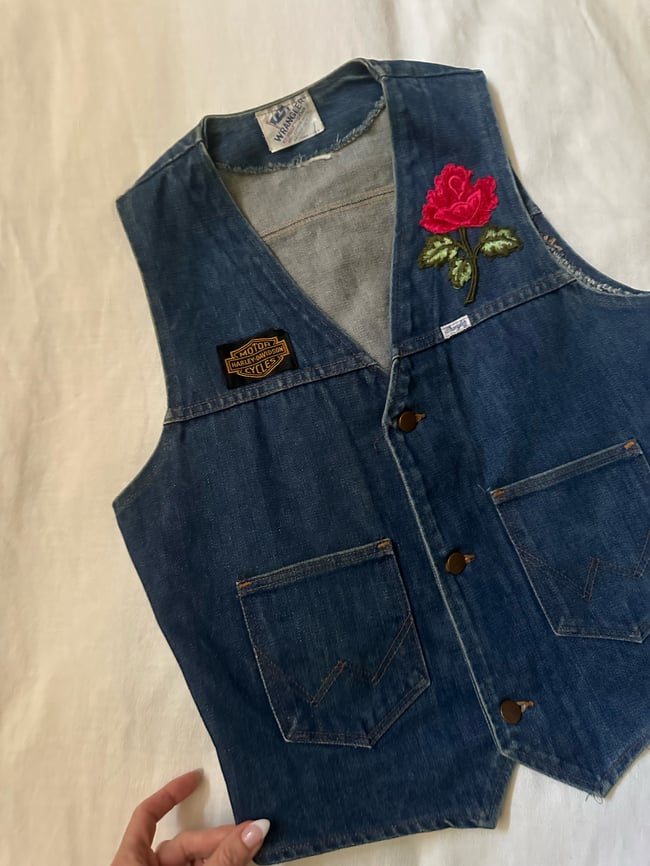 early 70s Wrangler denim vest with rose and harley patches 