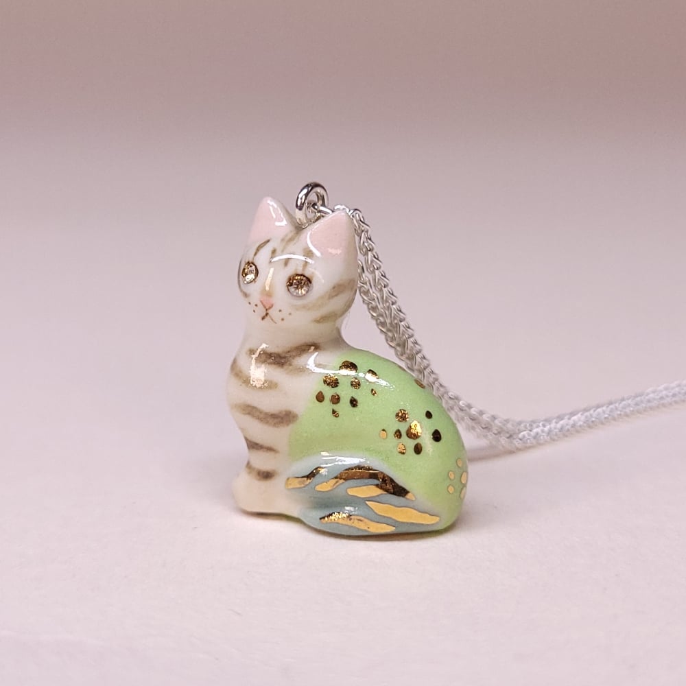 Image of Pale Grey Tabby Purrmaid Porcelain & Sterling Silver Pendant