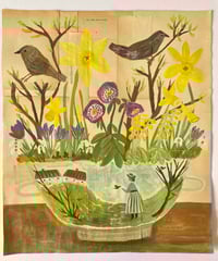 Image 1 of Large landscape dish with spring garden and birds - book page artwork 