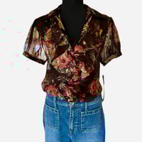 Image 6 of Vintage Ralph Lauren Brown Sheer Georgette Floral Ruffle Top -Size M - NWT