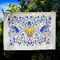 Image 1 of Flying hound tea towel in cobalt blue and marigold 