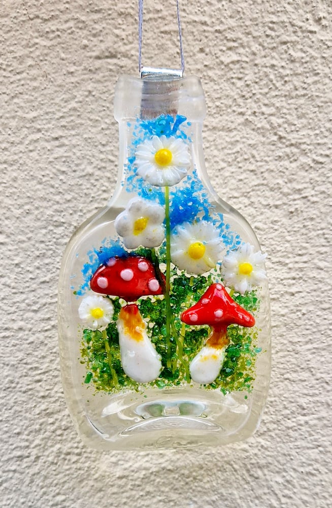 Image of Recycled Fused Small Bottle with Toadstools 