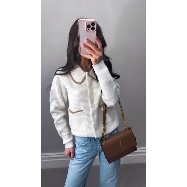 Cream Knitted Cardigan with leather trimming 