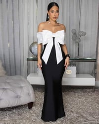 Image 4 of LIYAH BLACK WHITE OVER-SIZED BOW MAXI BANDAGE DRESS
