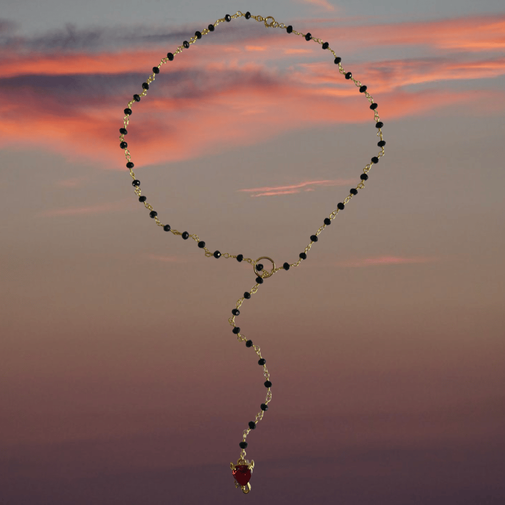 Image of -;- lil devil heart rosary lariat -;-