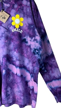 Image 3 of ♻️ UPCYCLED 2X PLUS 100% Cotton Smiley Long Sleeve Graphic Tee in Purple Haze Ice Dye