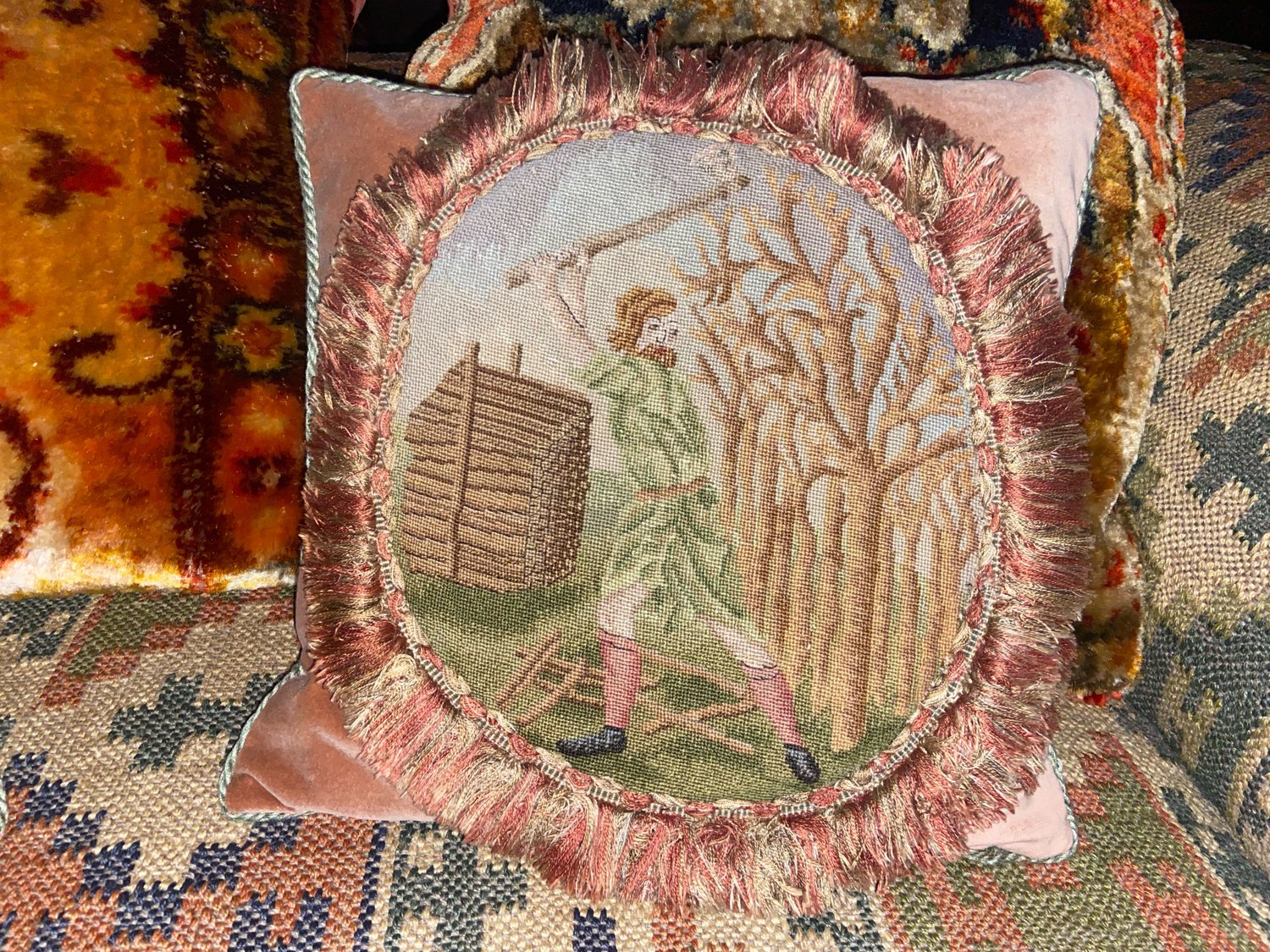 Arts and Crafts Needllework Cushion, Woodsman.