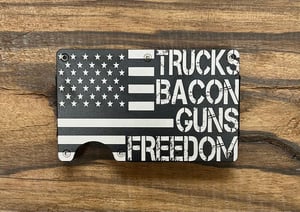 Trucks, Bacon,Guns,Freedom engraved Minimalist wallet 
