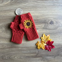 Crochet Fox orange sunflower fingerless gloves