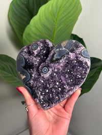 Image 4 of AGATE X AMETHYST STALACTITE HEART ON CUSTOM STAND -URUGUAY- C
