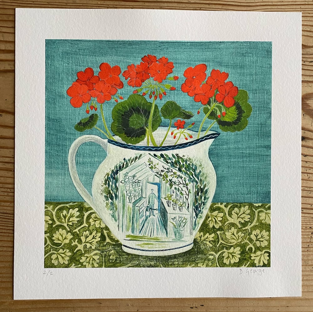 Image of Greenhouse jug and Geraniums Giclee print 