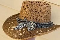 Image 3 of Brown Open Weave Cowboy Hat Layered Silver Chain and Crystal Band