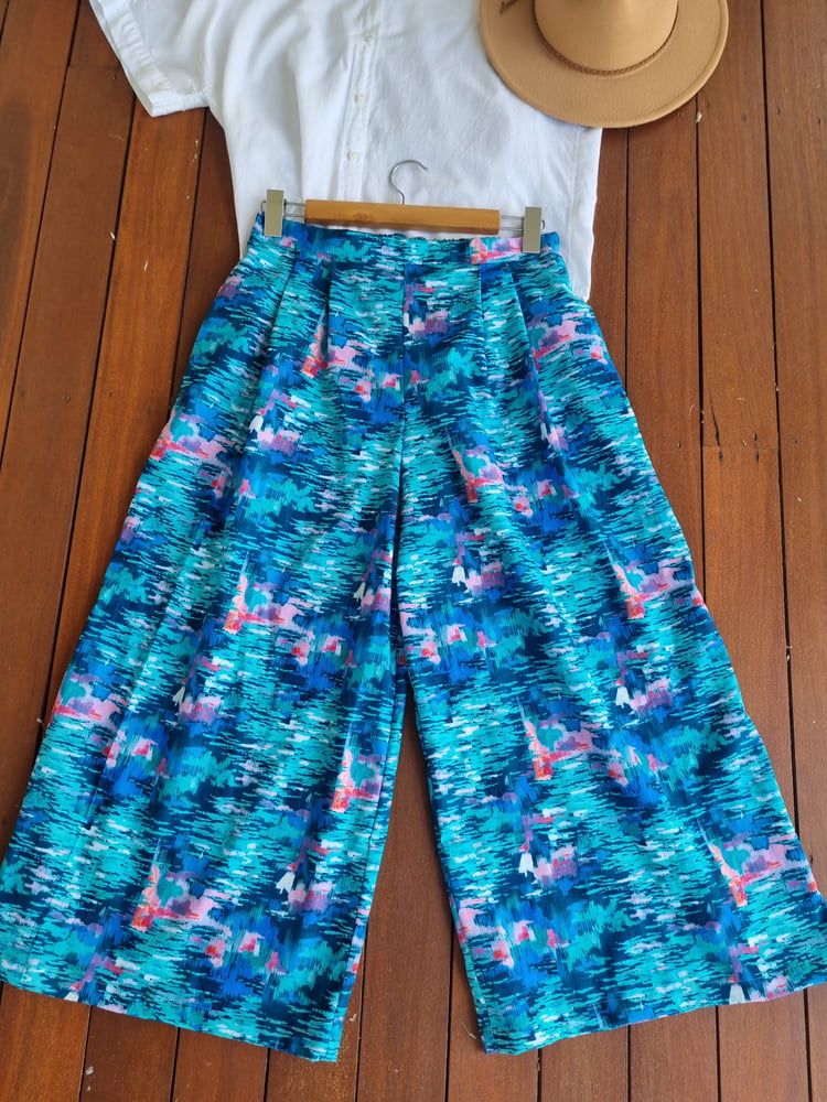 Image of WIDE-LEG PANTS in BLUE WATERCOLOUR. Available in Extra-small & Medium