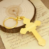 Image 2 of Orthodox Crucifix Keychain Gold Tone Religious Engraved Cross Keyring for Church Souvenir Christian 