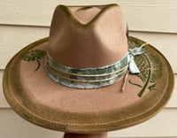Image 1 of Painted Tan/Green Fedora Hat Green Band Feathers