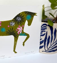 Image 4 of Joan,a green and black monoprinted horse with collage elements.