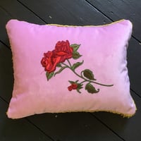 Image 1 of Pink velvet, red rose cushion
