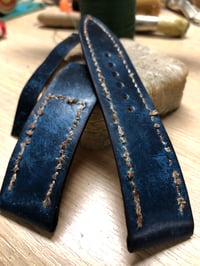 Image 4 of “Shipwreck” Watch Strap - Navy Antiqued Horween Shell Cordovan with Distressed Hand Stitching