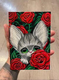 Image 2 of Gray Tabby Cat Red Roses Original Acrylic Painting 