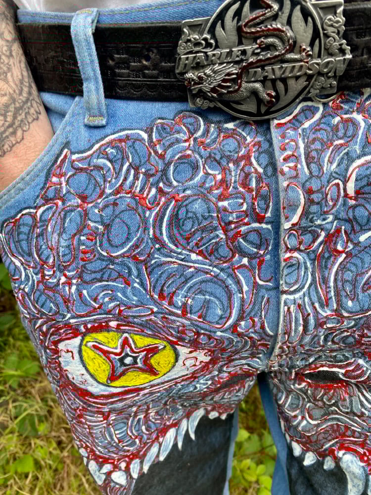 HUNGER AND DESIRE DENIM HAND PAINTED WRANGLER JEANS