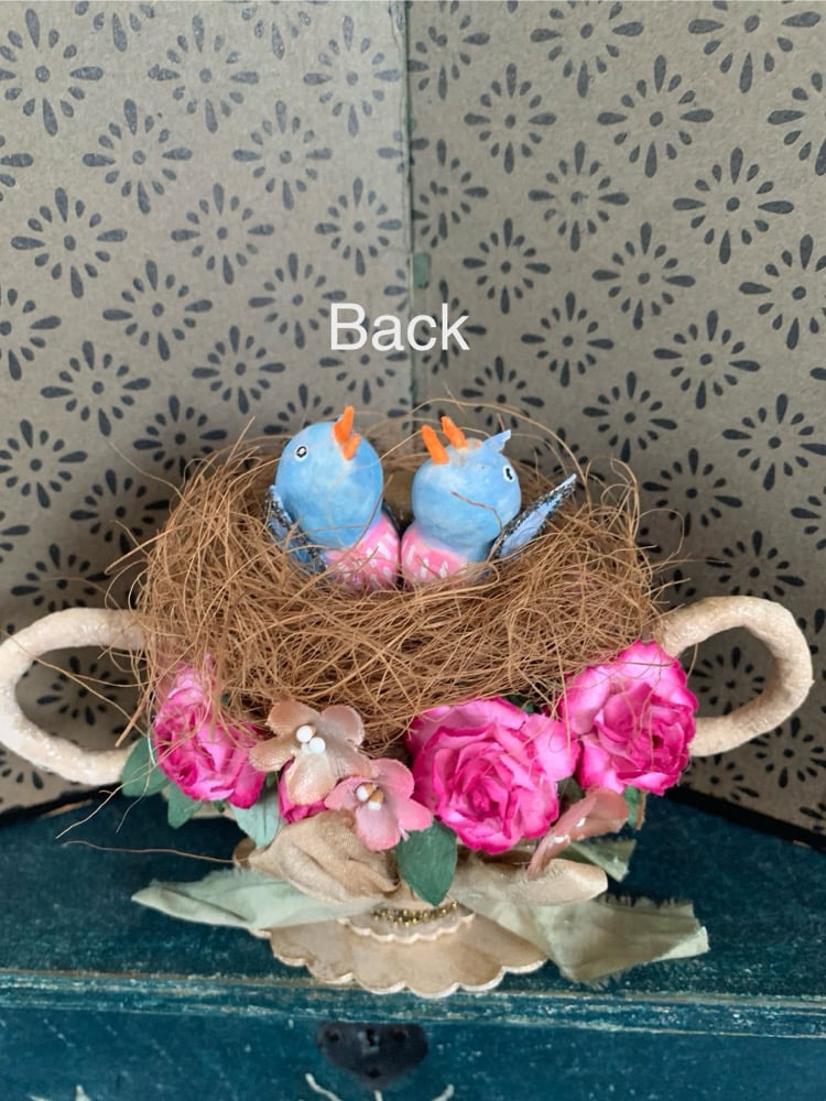 Image of Spun Cotton Birds in Floral Nest