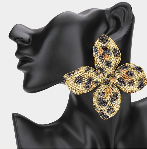 Image of Oversized Leopard Bling Studded Flower Earrings