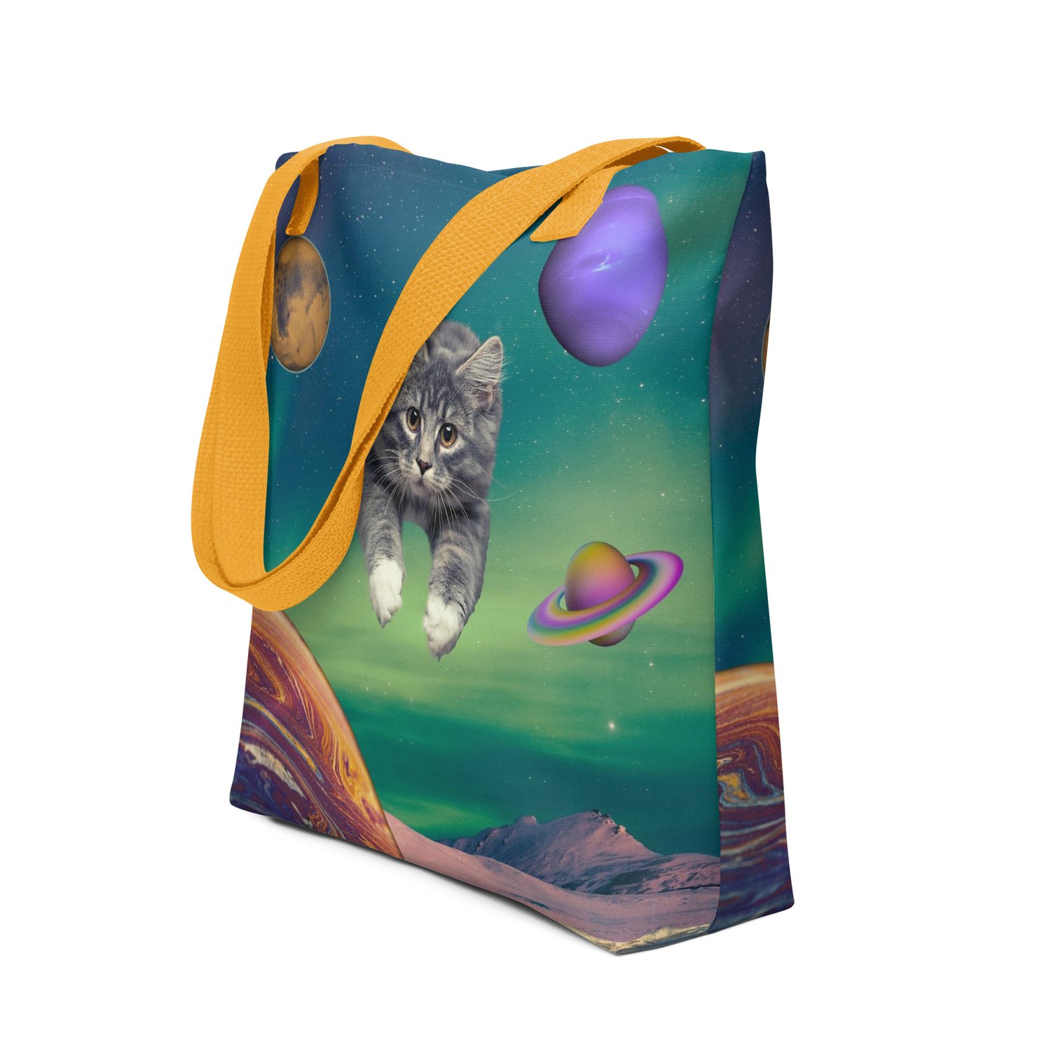 Image of Cat Flying through Space - All Over Print Tote Bag